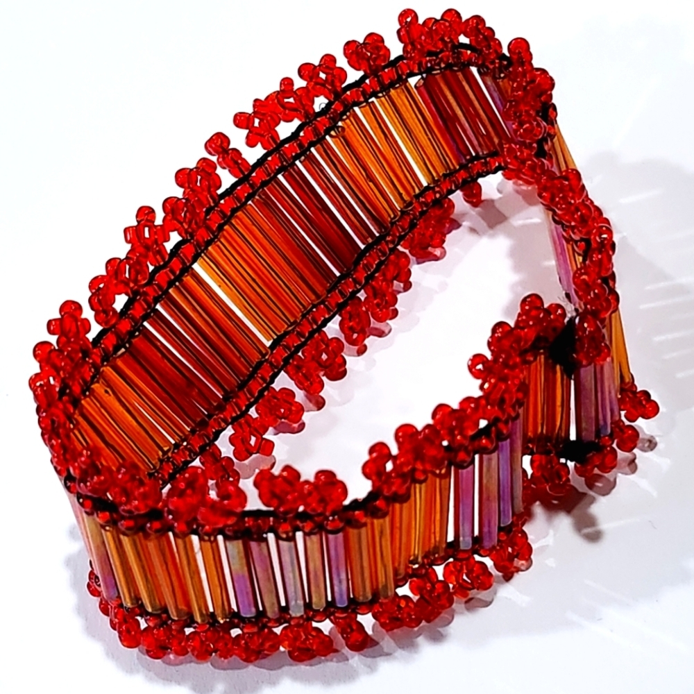 Artisan Red Iridescent Bead Bracelet Bugle Seed Glass Beads Fashion Jewelry